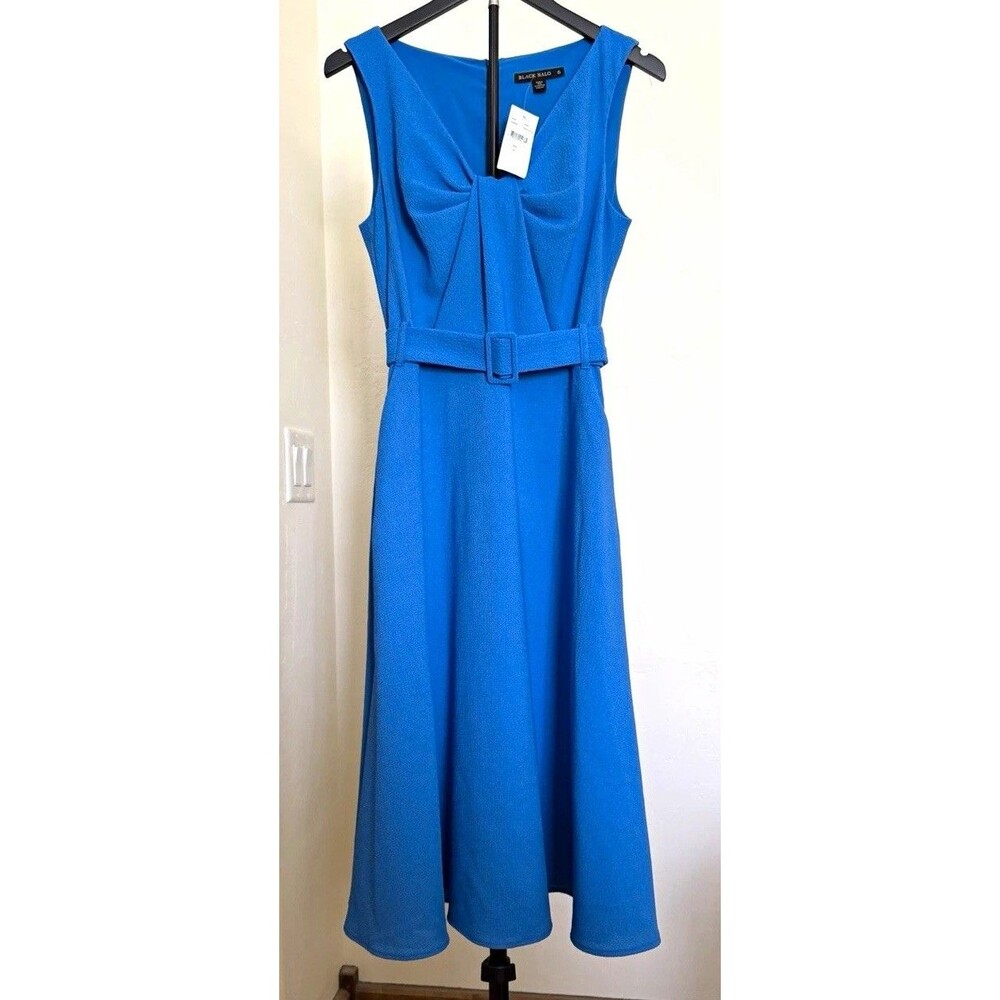 New Black Halo Vieata Dress French Blue Sleeveless V-Neck Belted Midi 6 Crepe